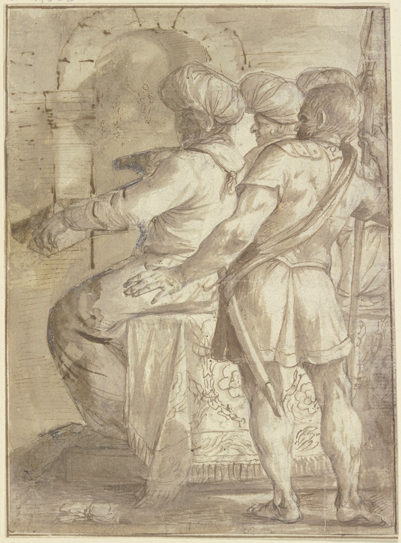 Annibale Carracci - Zwei Türken, auf einem Thron nach links sitzend, hinter ihnen ein Wächter mit aufgestütztem Speer, alle Figuren in Dreiviertelrückenansicht