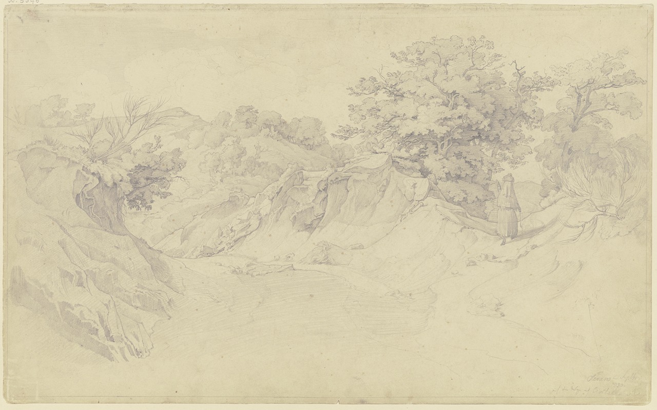 August Lucas - Hohlweg nach Civitella di Olevano, dem heutigen Bellegra, rechts eine wandernde Frau in Rückenansicht