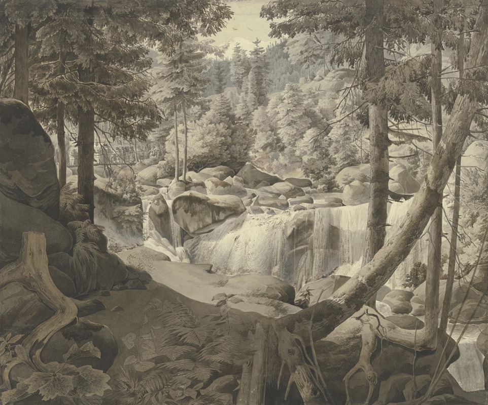 August Lucas - Waldlandschaft mit Wasserfall, im Hintergrund Pilger, über eine Brücke gehend