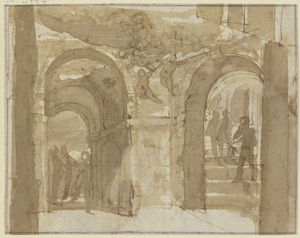 Bartholomeus Breenbergh - Antikes Gewölbe mit Treppe und mehreren Figuren, oben schwebt Maria mit Engeln
