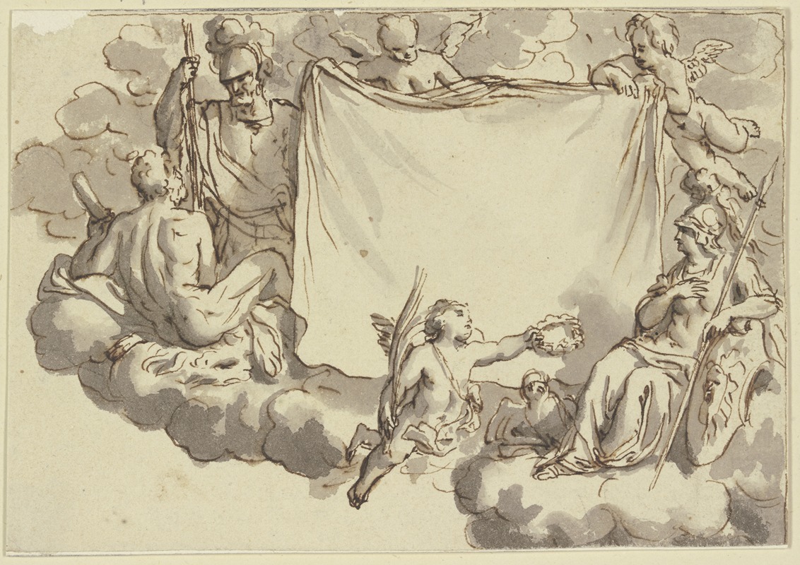 Bernard Picart - Amoretten halten ein Tuch, rechts Minerva, links Herkules und Mars
