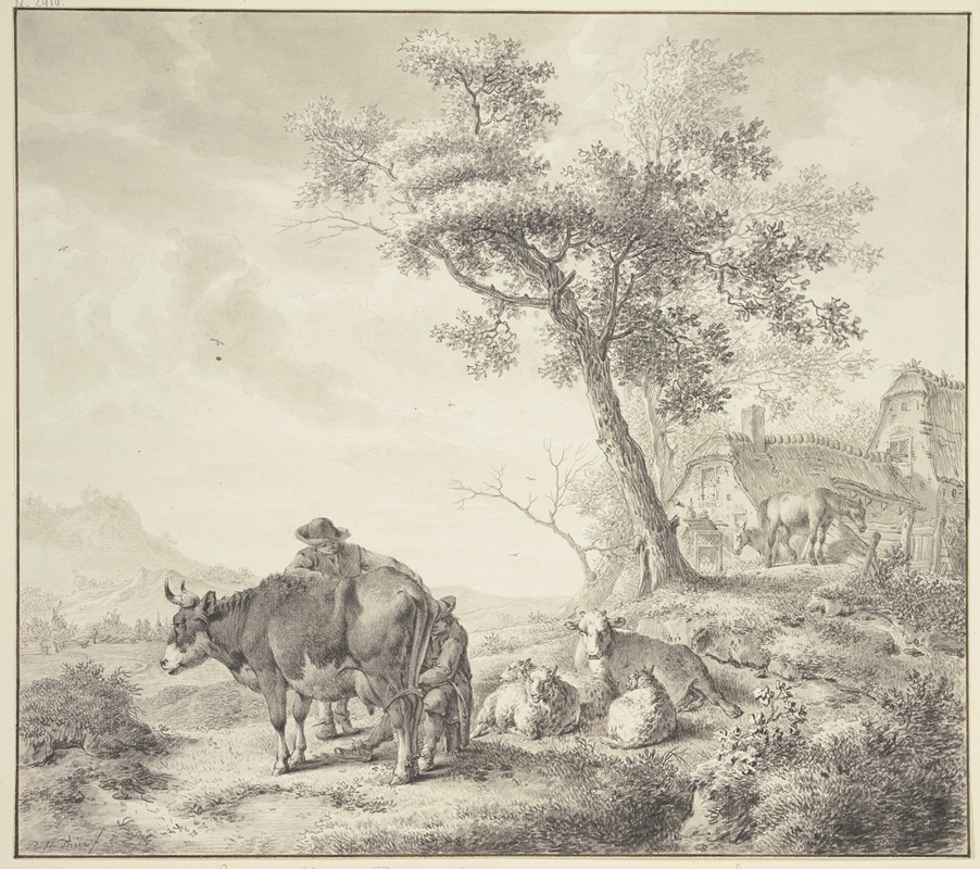 Bernhard Hendrik Thier - Ein Mann melkt eine Kuh, dabei einige Schafe, rechts zwei Pferde bei Häusern