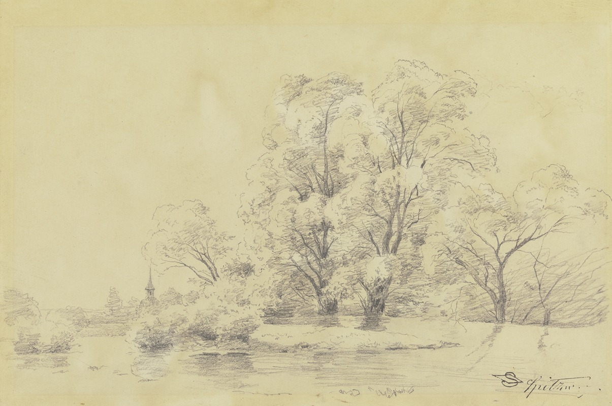 Carl Spitzweg - Landschaft mit Bäumen am Wasser, in der Ferne der Turm einer Dorfkirche