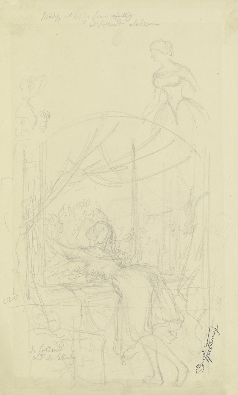 Carl Spitzweg - Mädchen am Fenster, einen Blumenstock umarmend, darüber Skizzen zweier Mädchen