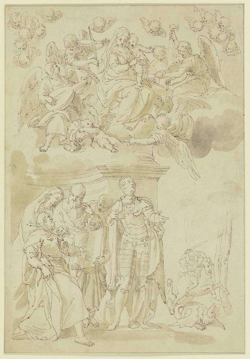 Carlo Caliari - Der Heilige Georg nach der Überwindung des Drachens, über ihm schwebend die Jungfrau Maria, umgeben von musizierenden Engeln