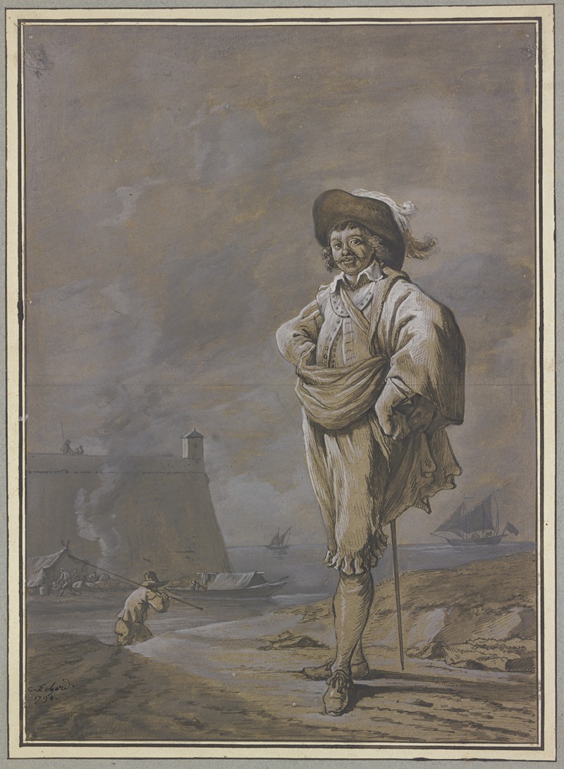 Charles Echard - Ein Kavalier mit Hut, Mantel und Degen steht am Ufer des Meeres