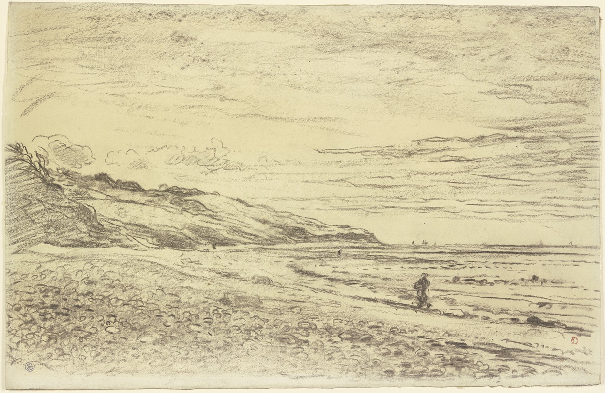 Charles François Daubigny - Steinige Meeresküste, vorne links Hügel
