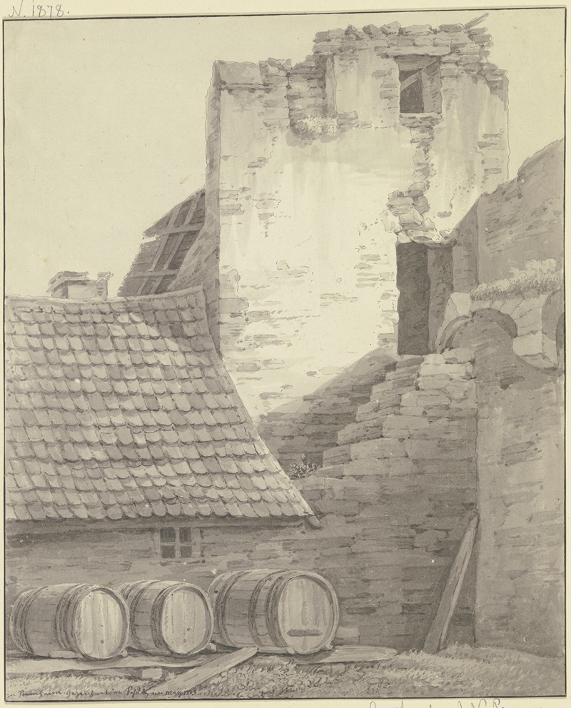 Christian Georg Schütz the Younger - Haus an einer Stadtmauer mit Turm und Treppe, im Vordergrund drei liegende Fässer