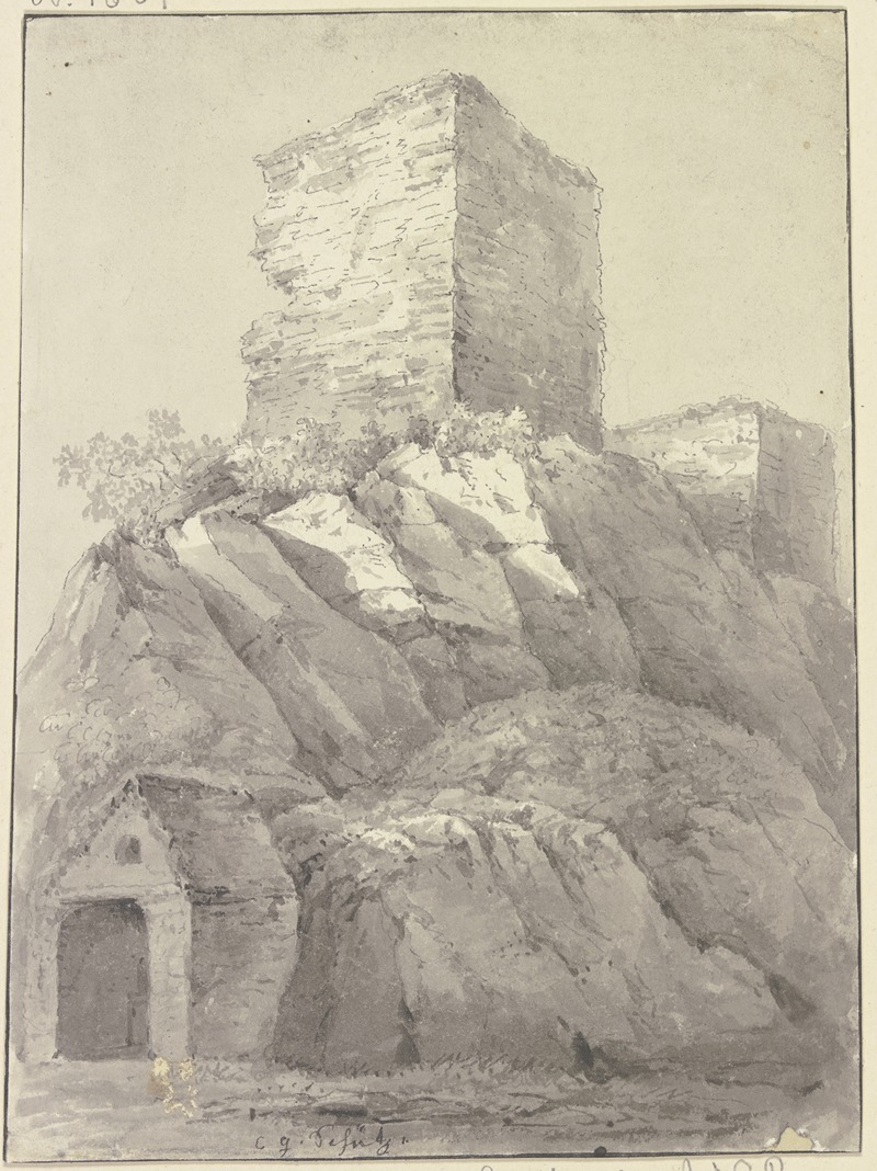 Christian Georg Schütz the Younger - Zwei Burgtürme auf einem Felsen, im Vordergrund ein Steinhäuschen