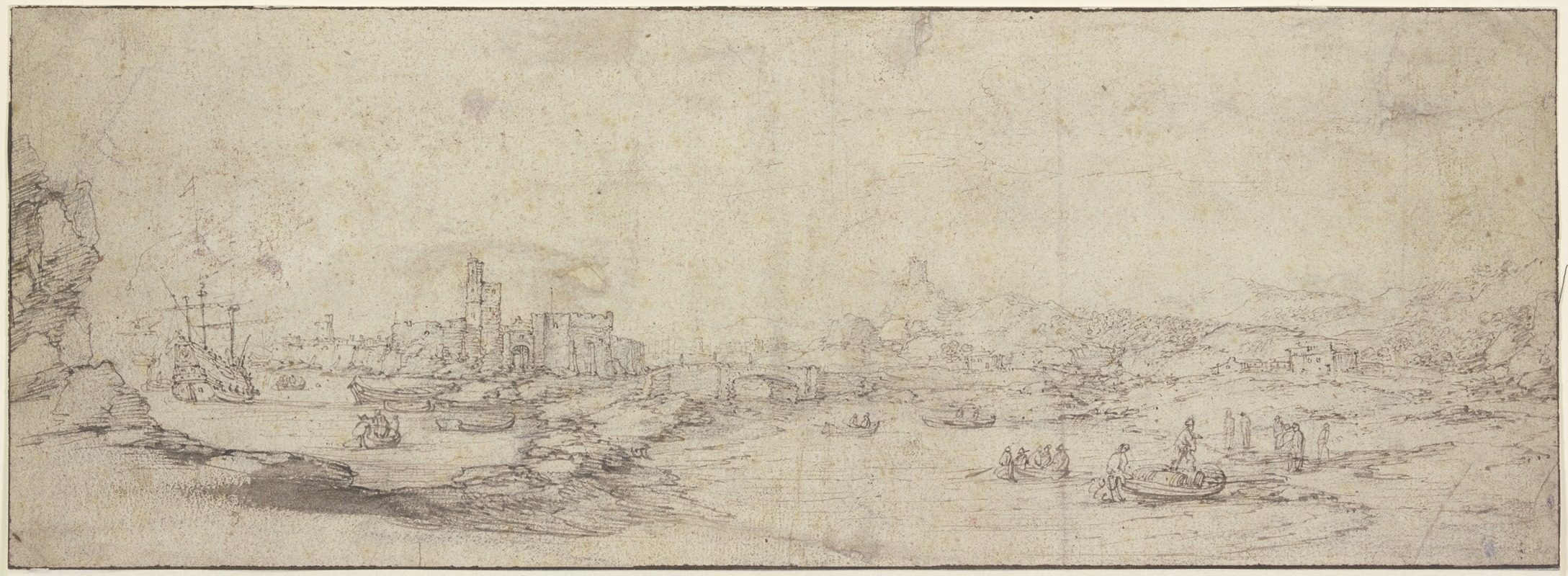 Claude Lorrain - Bei einer ruinierten Festung eine Brücke über einen mit Kähnen befahrenen Fluß, links ein großes Schiff