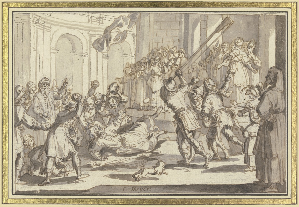 Conrad Meyer - Martyrium des heiligen Jacobus des Jüngeren; Der Heilige wird von einer Volksmenge gesteinigt und mit dem Walkerholz erschlagen