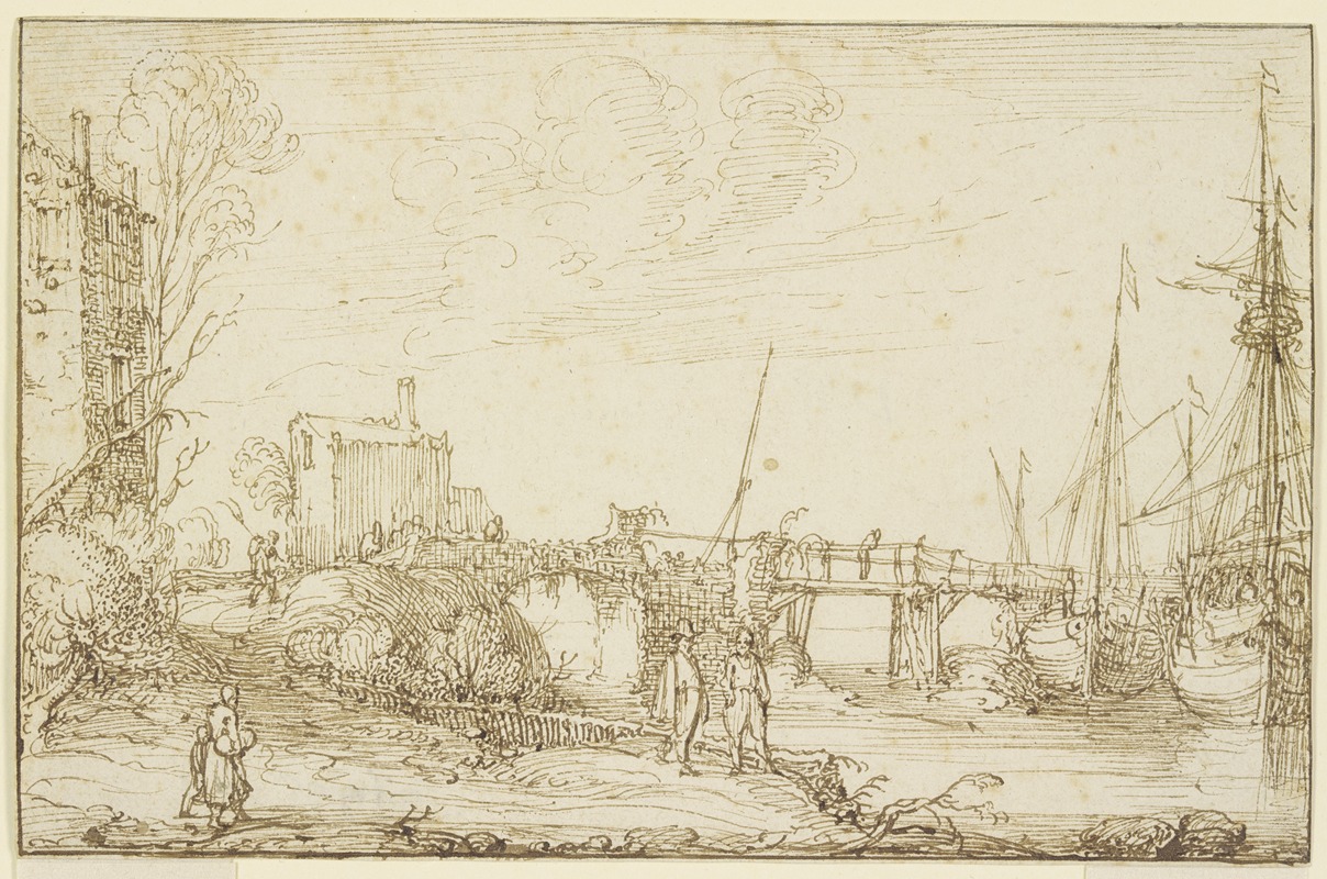 Cornelis Claesz. van Wieringen - Zwei Schiffe liegen bei einer Brücke, links auf dem Wege mehrere Figuren