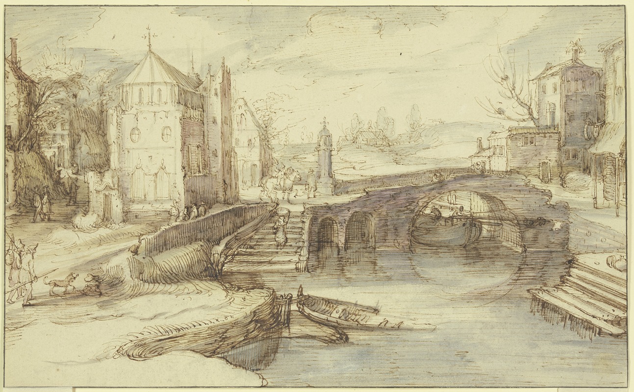 Cornelis Claesz. van Wieringen - Stadtansicht mit einer Brücke, unter welcher ein Schiff durchfährt, dabei eine Treppe, die eine Frau mit einem Korbe hinaufsteigt