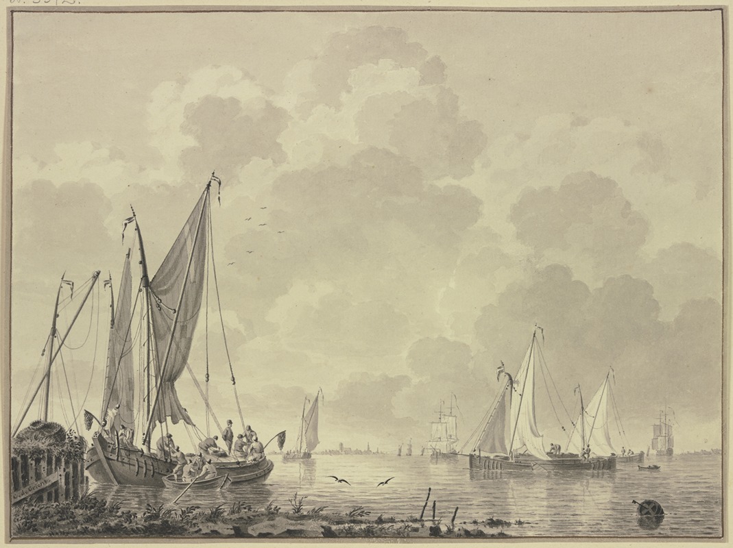 Cornelis de Grient - Ruhige See mit vielen Schiffen, links an einem Damm eine Barke und Boot, rechts eine Barke