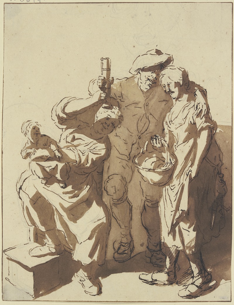 Cornelis Dusart - Bauer mit einem Glas zwischen zwei Frauen, die eine mit einem Kind, die andere mit einem Korb