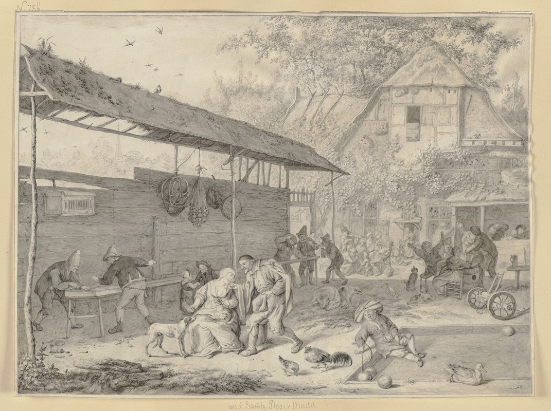 Cornelis Dusart - Bauernhof mit essendem, trinkendem, spielendem Volke