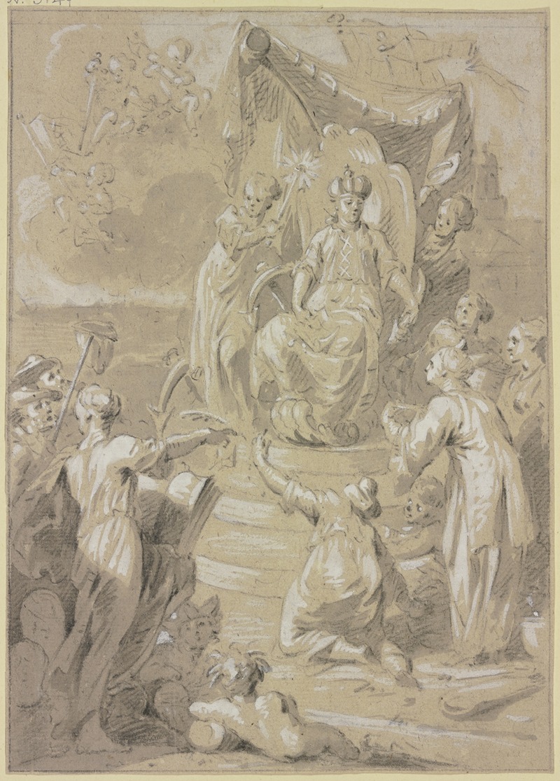 Cornelis Ploos van Amstel - Allegorie auf das Königreich Holland; Hollandia auf dem Thron, umgeben von vielen allegorischen Figuren, die überseeischen Kolonien bringen ihre Schätze