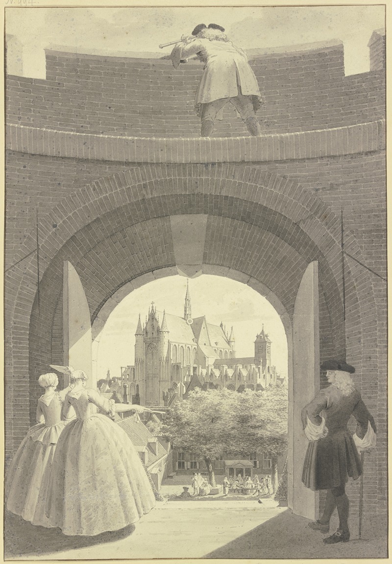 Cornelis Pronk - Die Hooglandse Kerk in Leiden, durch ein geöffnetes Tor in der Ringmauer der Burcht van Leiden gesehen