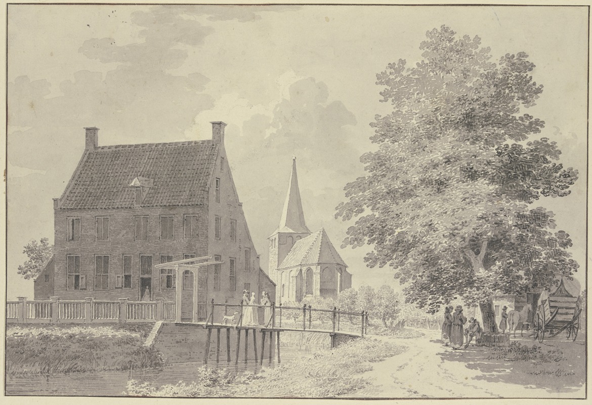 Cornelis Pronk - Haus mit Wassergraben und Steg, hinten die Kirche, rechts ein Baum, unter welchem ein Wagen und mehrere Figuren stehen