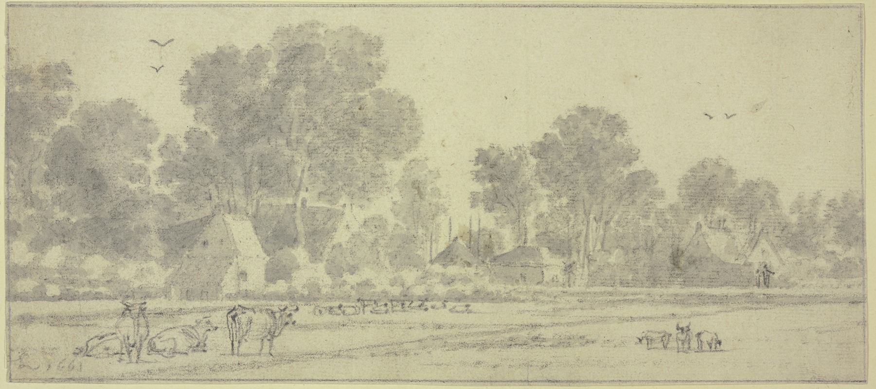 Cornelis Saftleven - Bei einer Wiese Hütten unter Bäumen, vorne Herden