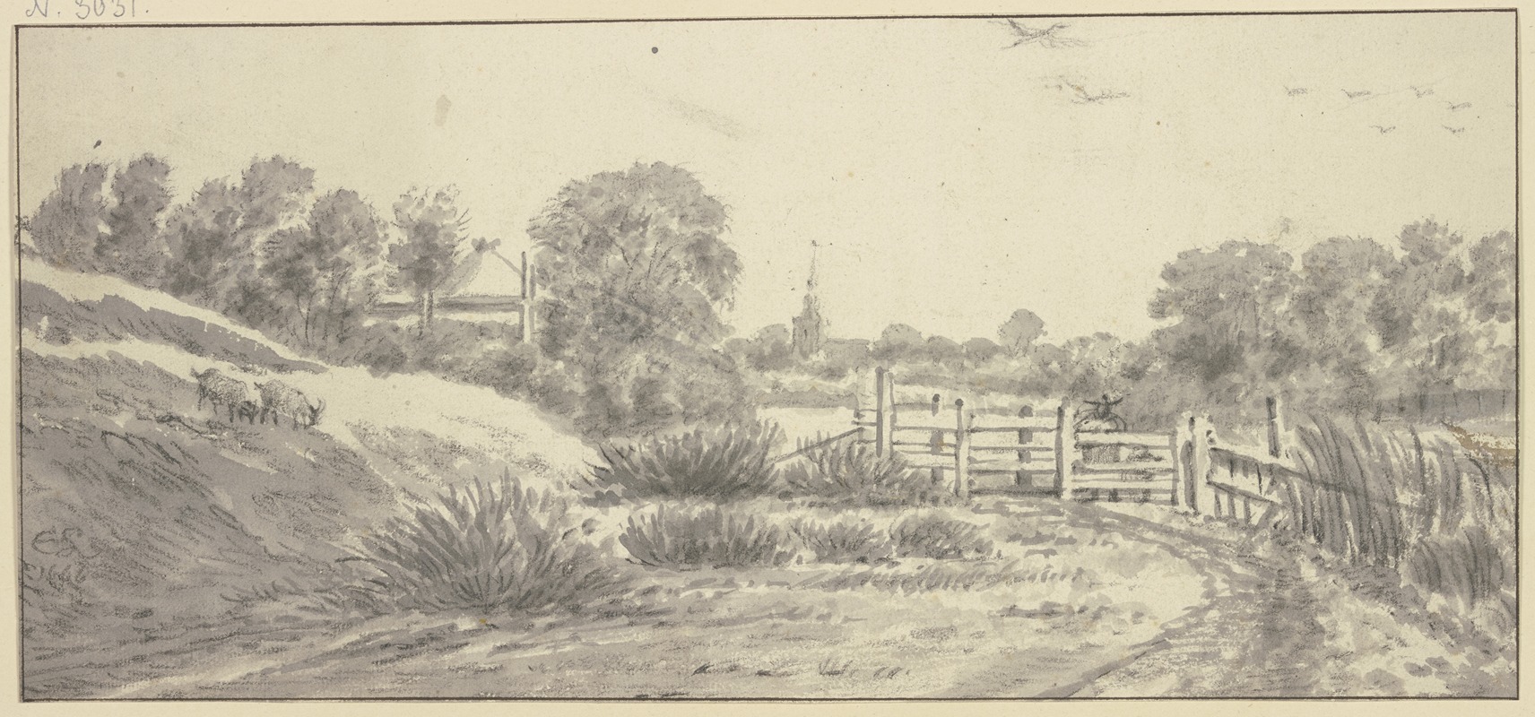 Cornelis Saftleven - Landschaft mit Zaun, Hirte mit Hund, links zwei Ziegen