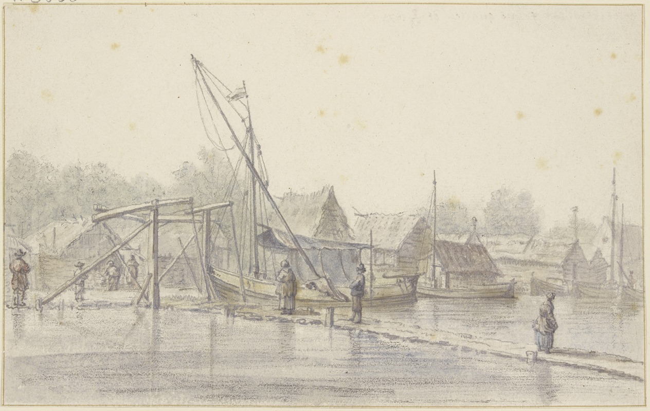 Cornelis Saftleven - Schleusentor an einem Damm, auf dem Kanal viele Schiffe