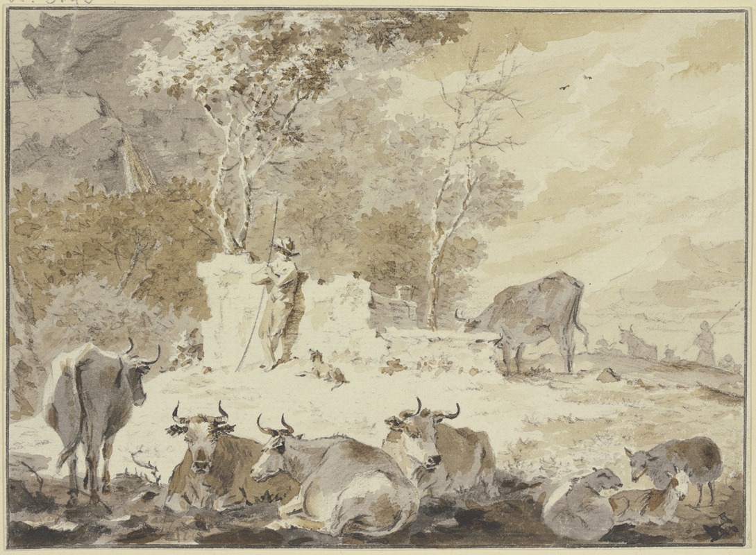 Cornelis van Noorde - An altem Gemäuer steht links ein Hirte mit seinem Hund, umgeben von verschiedenem Vieh