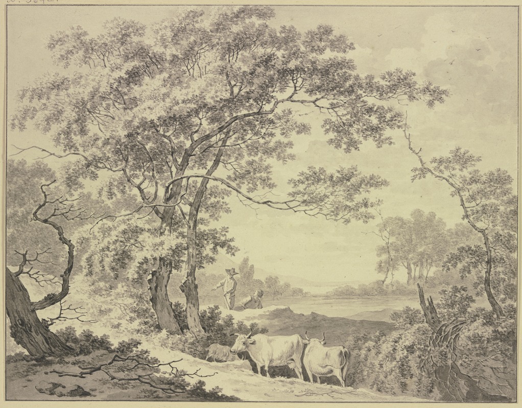 Daniël Dupré - An einem von Wald umgebenem Teich, Hirte und Hirtin mit zwei Kühen und einer Ziege