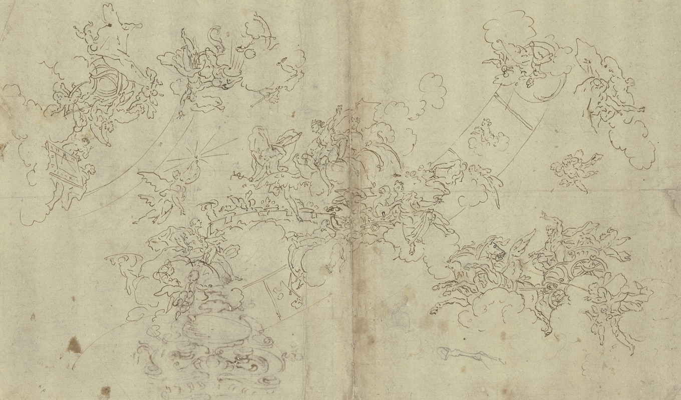 Daniel Gran - Tierkreis mit Jupiter und Merkur, vor denen ein Fürst sitzt, rechts unten Phoebus auf dem Sonnenwagen, links oben der Gott der Zeit