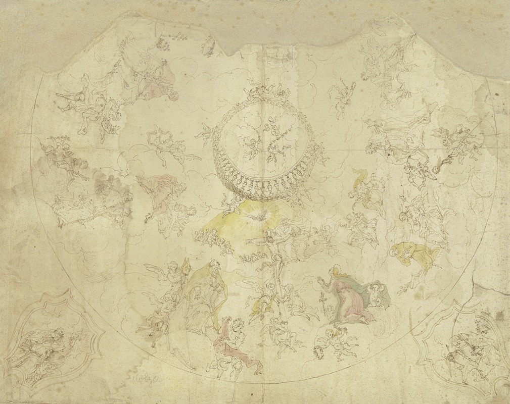 Daniel Gran - Dreieinigkeit, Maria und Heiligen auf Wolken und Szenen aus Heiligenlegenden, in zwei Eckzwickeln die Heiligen Ambrosius und Augustinus