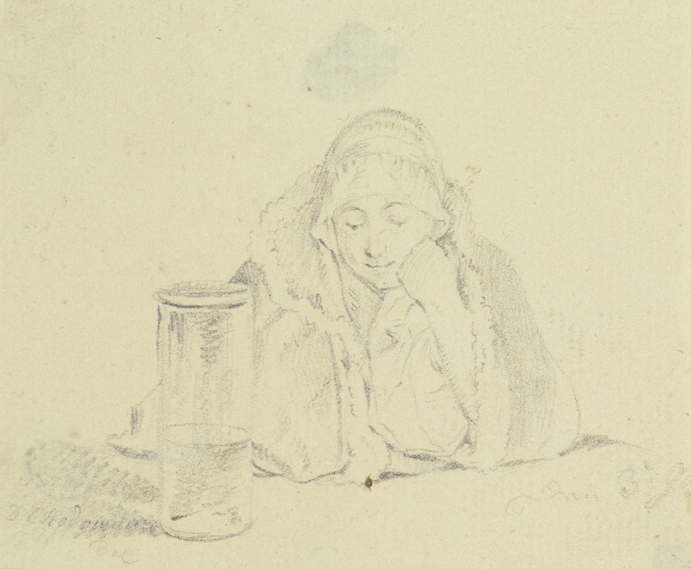 Daniel Nikolaus Chodowiecki - Am Tisch vor einem halb befüllten Glasgefäß sitzende Frau