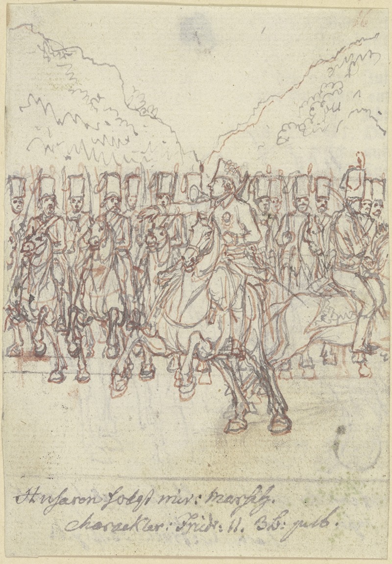 Daniel Nikolaus Chodowiecki - Friedrich der Große zu Pferde vor einer Gruppe von Husaren
