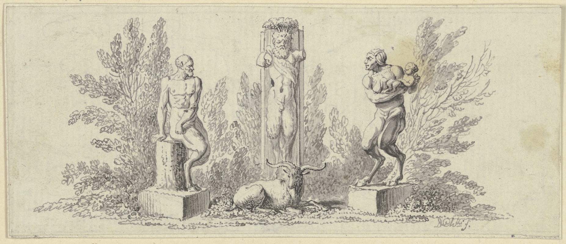 Daniel Nikolaus Chodowiecki - Pan und Paniskin mit Kind, Bildwerken gleich um eine ithyphallische Panherme gruppiert, vor der ein Ziegenbock ruht
