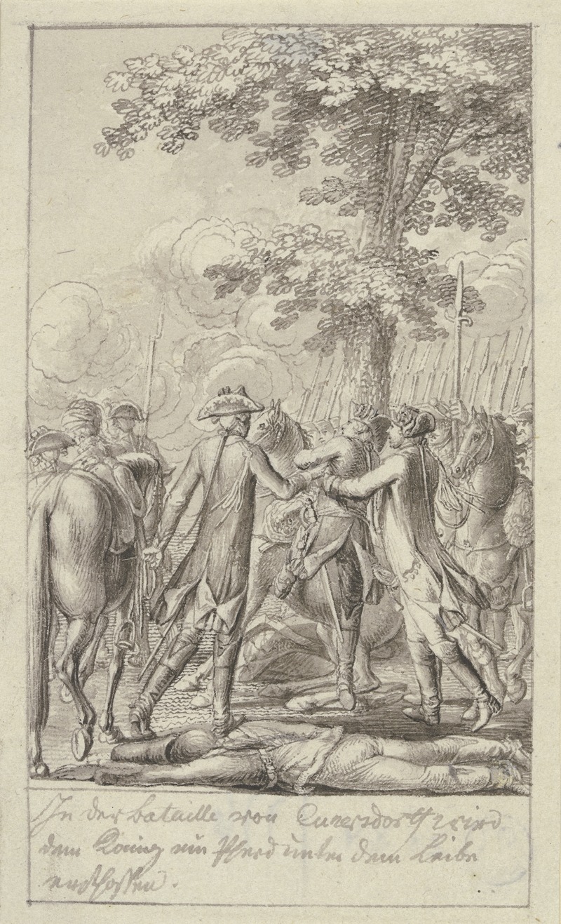 Daniel Nikolaus Chodowiecki - Zwei Soldaten helfen Friedrich dem Großen von einem zusammensinkenden Pferd