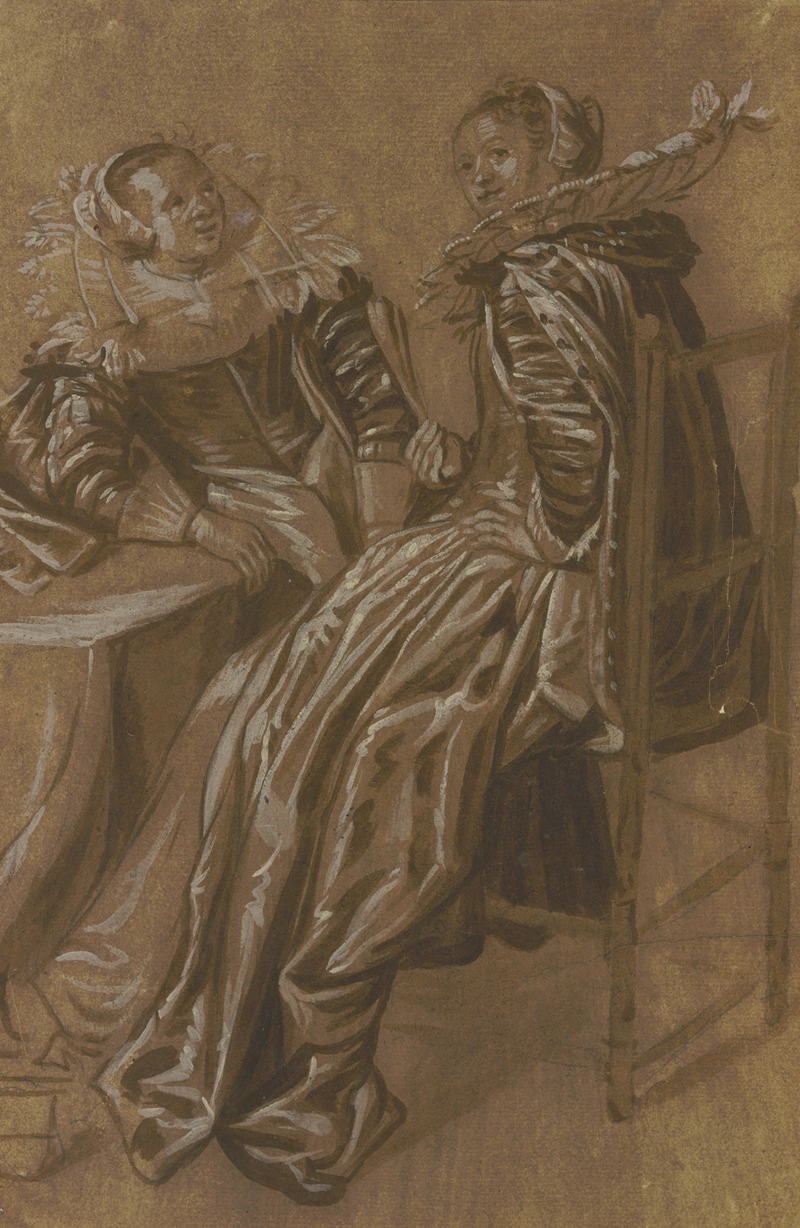 Dirck Hals - Zwei reichgekleidete holländische Frauen an einem Tisch sitzend, die vordere hat ihr Gesicht gegen den Beschauer gedreht, die weiter zurücksitzende blickt auf die erstere