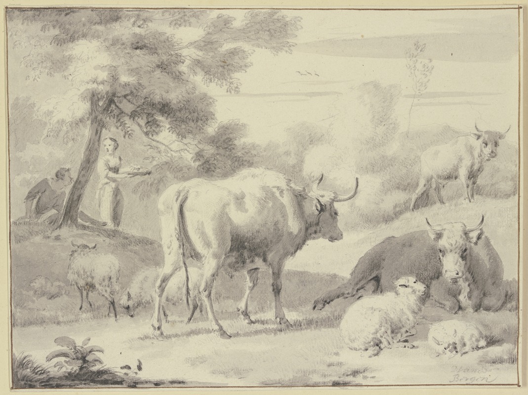 Dirck van Bergen - Kühe und Schafe, links unter einem Baum Hirte und Hirtin