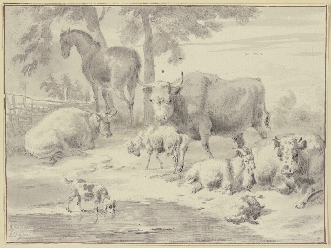 Dirck van Bergen - Kühe, Schafe, eine Ziege, ein Pferd und ein Hund bei einem Wasser