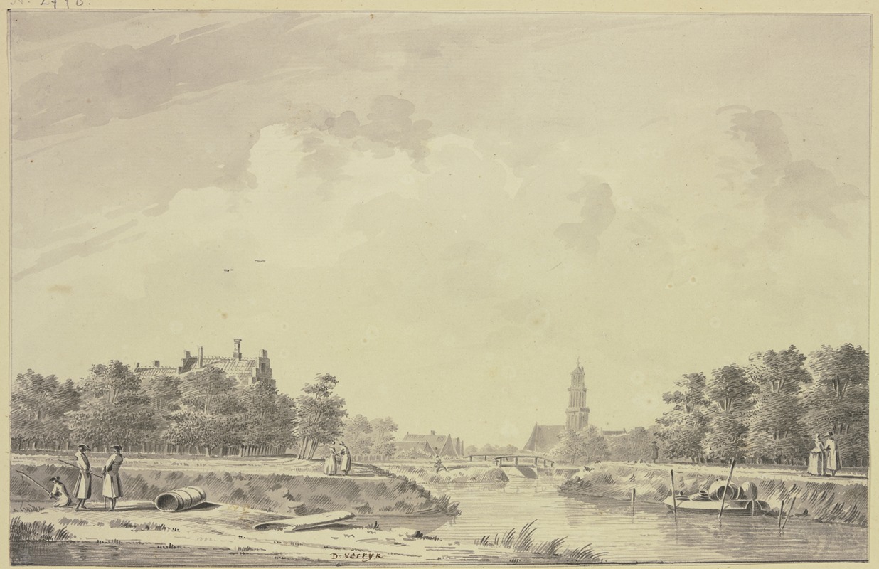 Dirk Verrijk - Kanalansicht, im Hintergrunde eine Stadt mit Turm und Brücke, links bei einer Tonne zwei stehende Herren und ein sitzender Angler