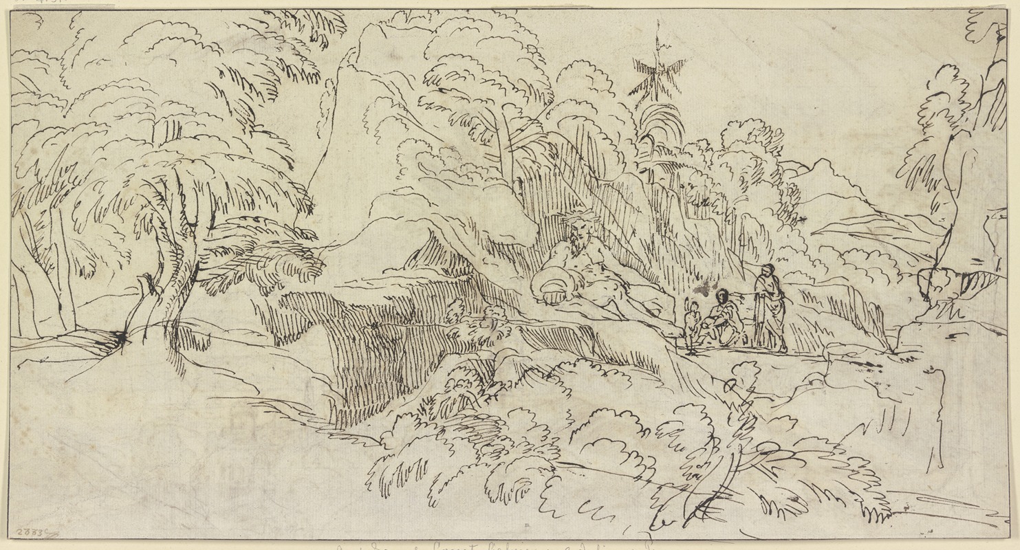 Domenichino - Landschaft mit einem kolossalen Flußgott, neben ihm drei kleine Figuren