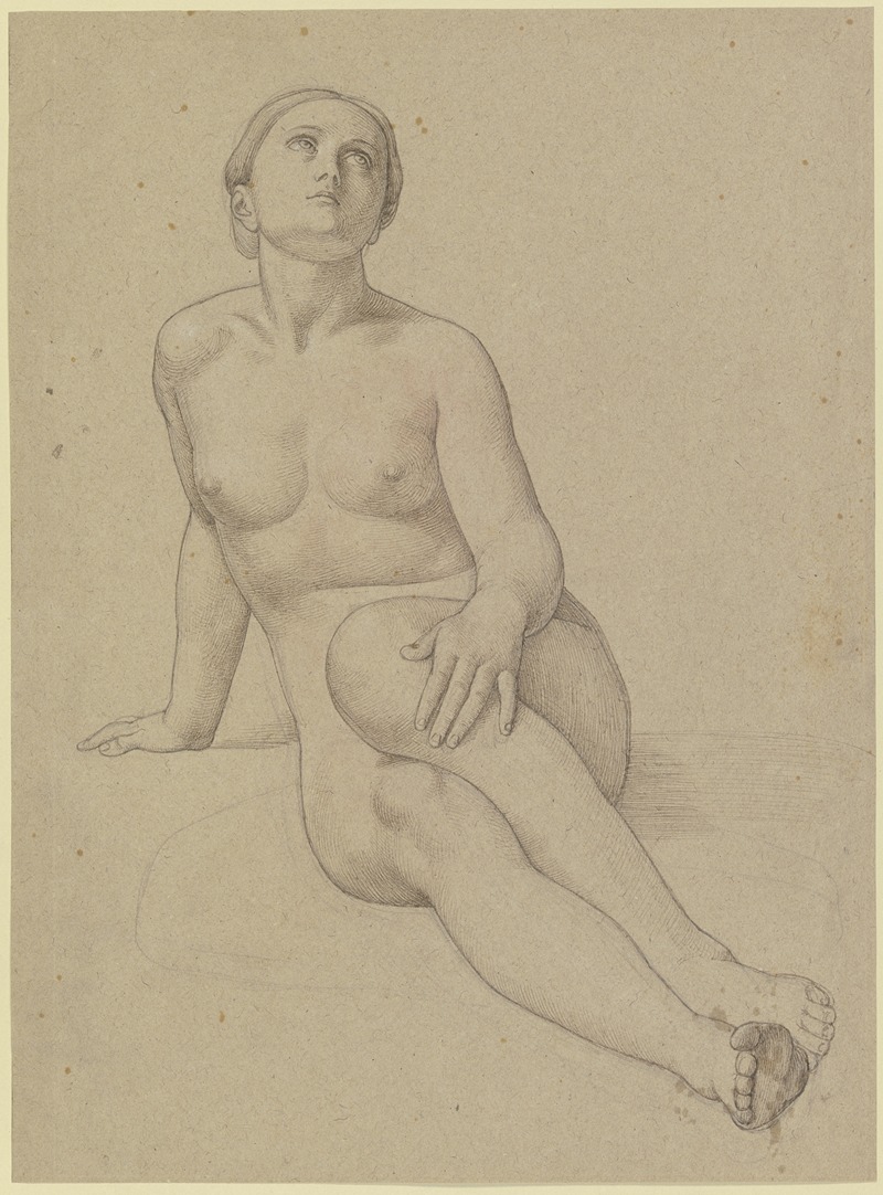 Eduard von Steinle - Auf dem Boden sitzender weiblicher Akt auf den rechten Arm gestützt