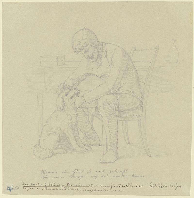Eduard von Steinle - Der sprechende Hund zu Rüdesheim, ein Mann mit dem Hund an einem Tisch sitzend