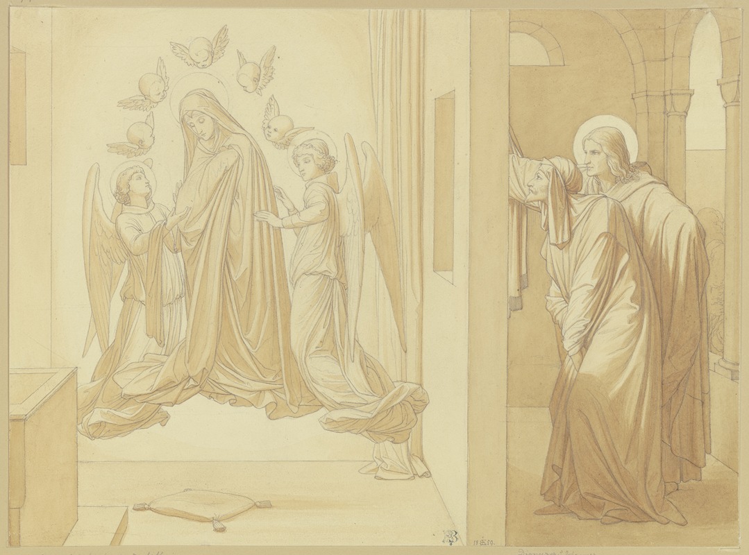 Eduard von Steinle - Die Heiligen Johannes der Evangelist und Dionysos, die im Gebet schwebende Maria beobachtend