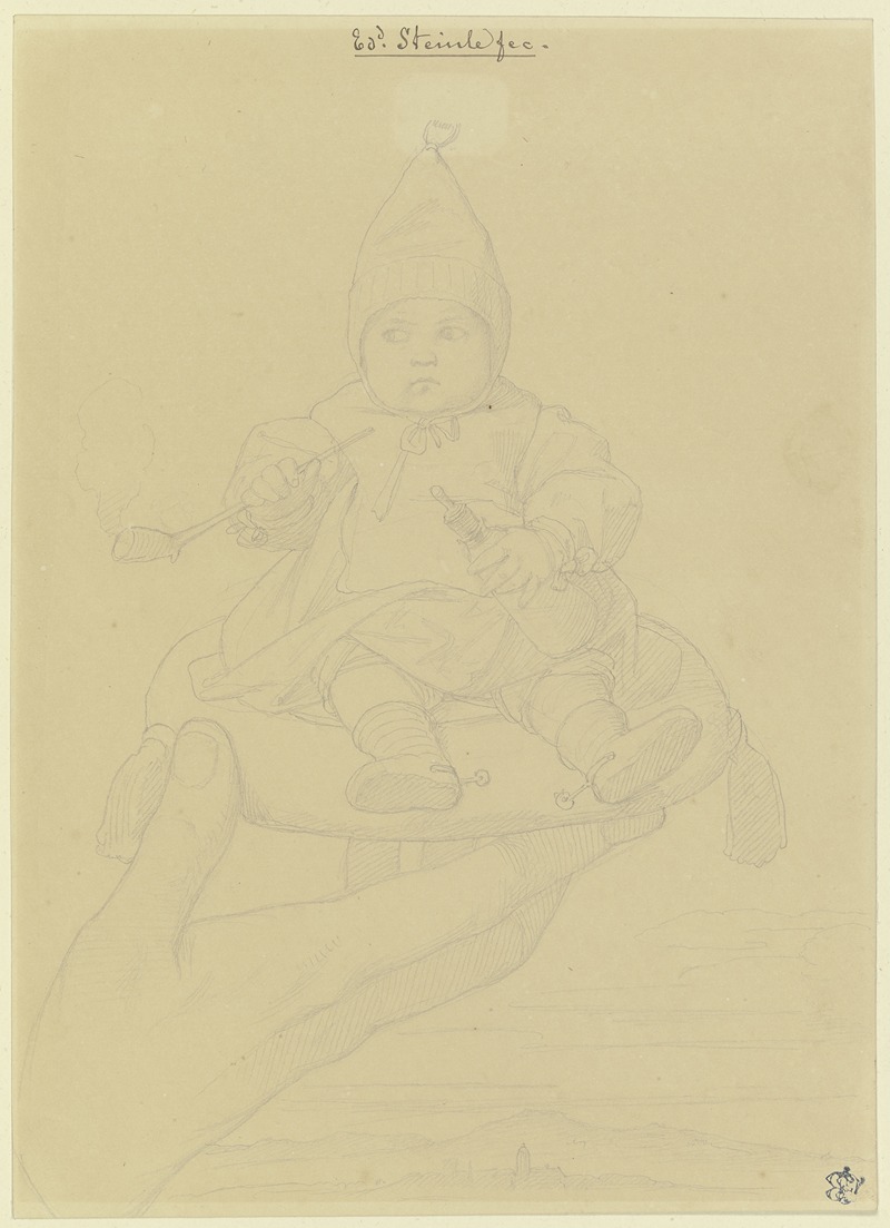 Eduard von Steinle - Die kleine Josephine Steinle auf einem Kissen sitzend mit Tabakspfeife, Milchflasche, Sporen und dem holländischen Nachtmützchen, von einer Hand über Frankfurt am Main gehalten