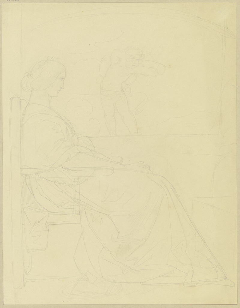 Eduard von Steinle - Eine Dame am Fenster sitzend, im Hintergrund ein Amorknabe mit Pfeil und Bogen