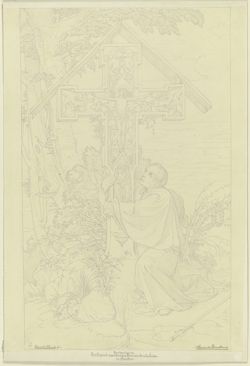 Eduard von Steinle - Gedenkblatt an Clemens Brentano, ein Kreuz umfassend
