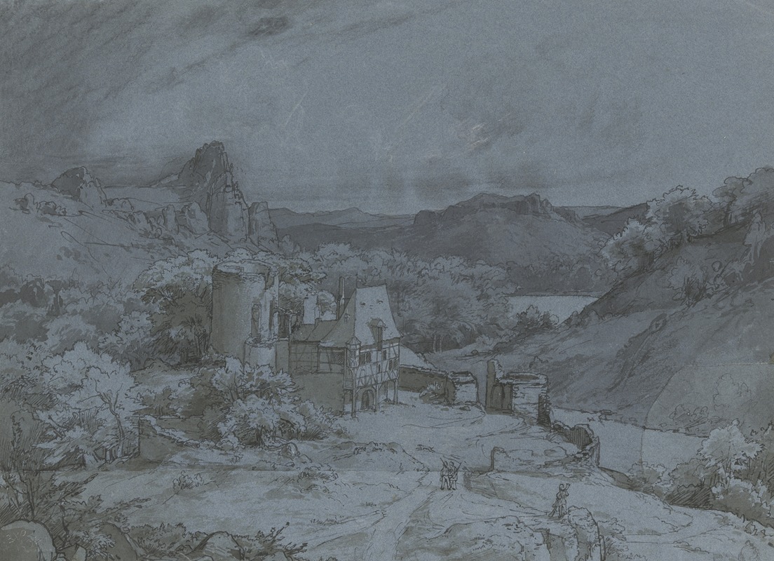 Eduard Wilhelm Pose - Burgruine mit Fachwerkanbauten in einer Felslandschaft