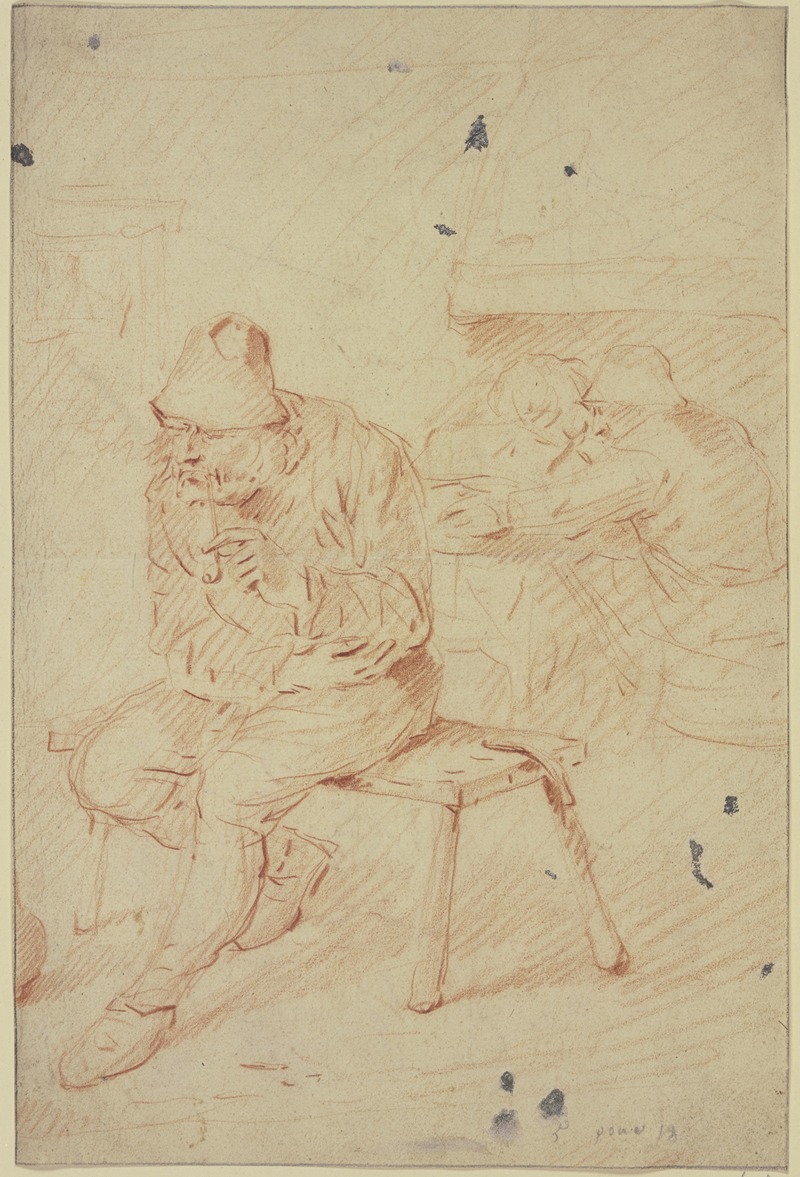 Egbert Van Heemskerck - Ein rauchender Bauer sitzt auf einer Bank, im Hintergrund umarmt ein Mann eine Frau