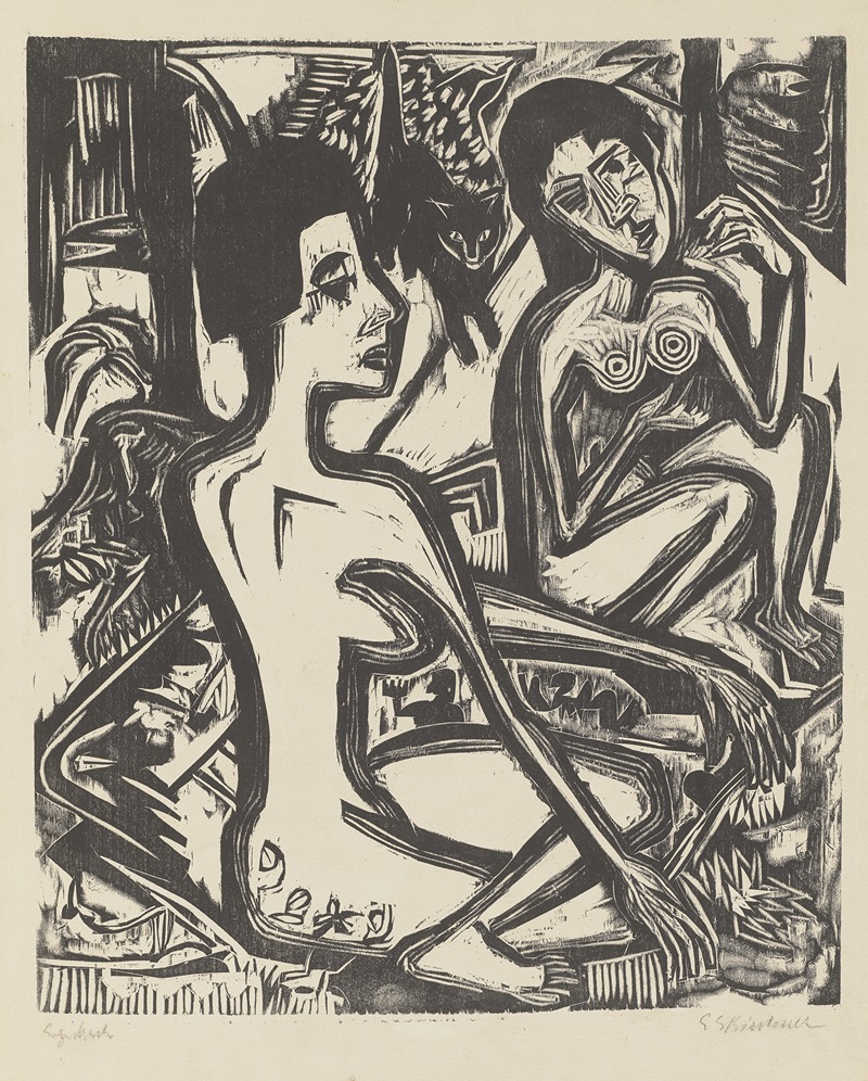 Ernst Ludwig Kirchner - Zwei nackte Frauen im Wald mit Katze