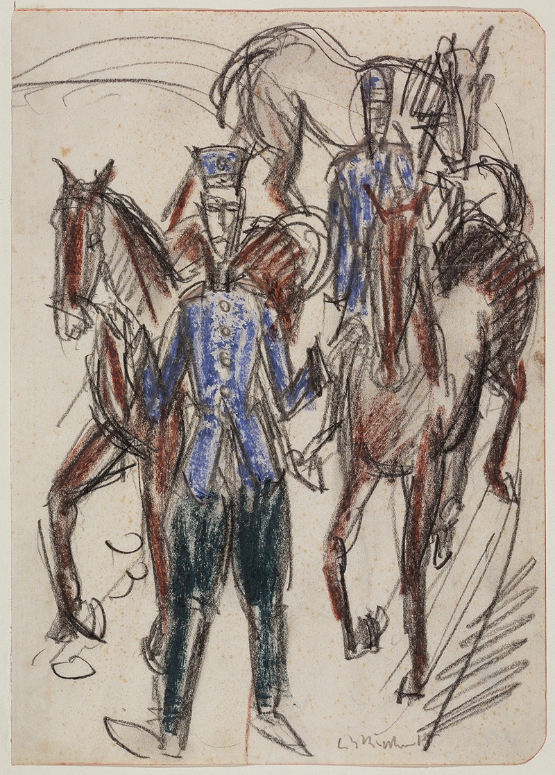 Ernst Ludwig Kirchner - Zwei reitende Artilleristen mit drei Pferden