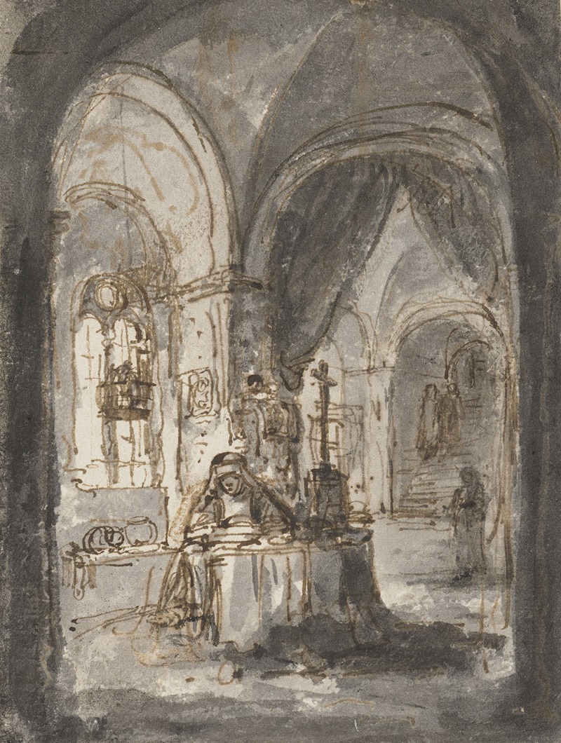 Ferdinand Bol - Eine Nonne sitzt in einer Kirche am Altar